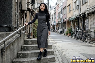 A woman walks down concrete steps into a quiet street in soft gray daylight