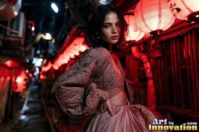 Posing in a dark alley, a woman wears a brown quilted coat beneath red paper lanterns