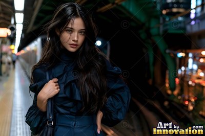 A standing woman pauses on a subway platform in a dark blouse beside soft city lights