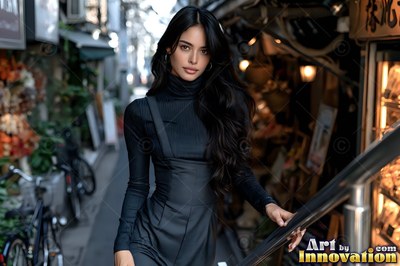 In a narrow Tokyo alley, a woman in a black turtleneck stands by a railing