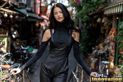 Leaning on a metal railing, a dark-haired woman in black overalls pauses in an alley