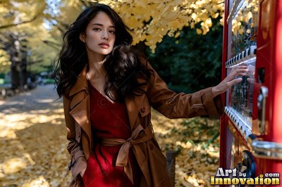 A woman in a brown trench coat touches a red vending machine in a park