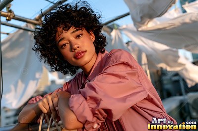 On a rooftop with white laundry, a woman in a pink shirt leans on a rail