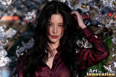 Woman in a maroon satin shirt touches her hair by cherry blossom branches