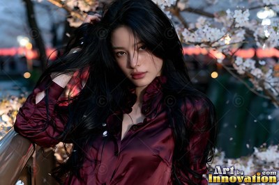 Wearing a ruffled maroon satin blouse, a woman touches her hair by cherry blossoms at night