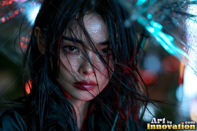 Close-up of a wet-haired woman looking forward on a rain-slicked Tokyo street at night