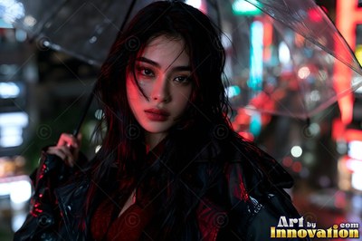 A young woman holds a clear umbrella at night under red city neon