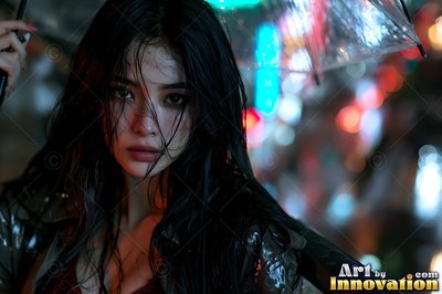 On a rainy city street at night, a woman with wet hair holds a clear umbrella