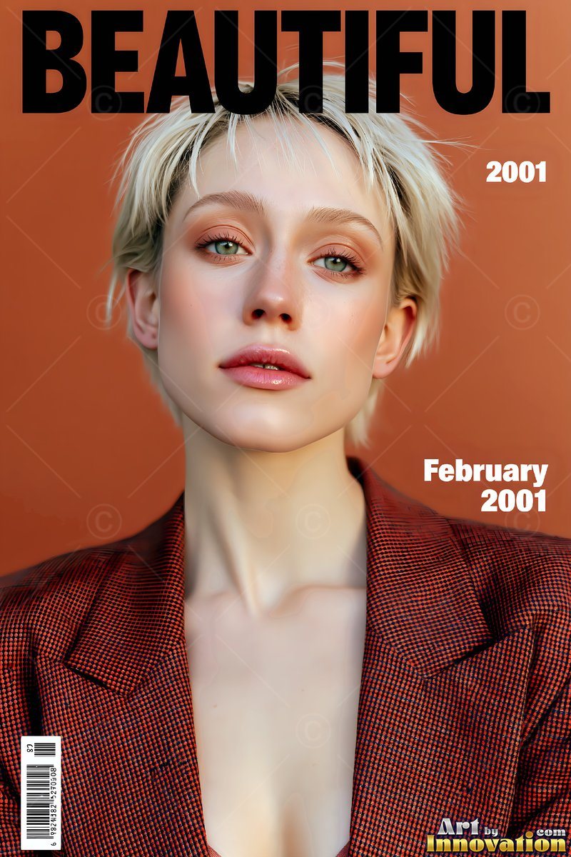Against an orange backdrop, a short-haired posing woman in a rust blazer