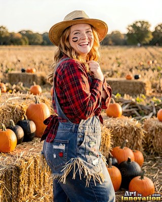Smiling in a field, a woman wears scarecrow overalls, a red plaid shirt, and straw hat