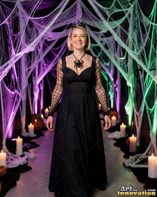 Woman in a black dress walks through cobwebs and candles