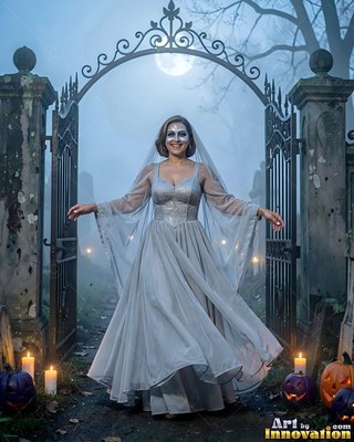 Dressed in a gray gown with a veil, a woman smiling poses in a foggy cemetery gate