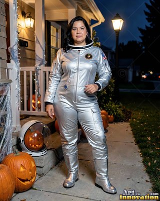 Standing upright on a front porch, a woman wears a silver astronaut suit