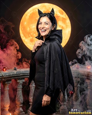 A cheerful woman dressed as a bat in a black cape stands by a balcony under a full moon
