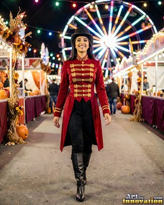 At a night carnival, a smiling woman walks in a red ringmaster coat and top hat