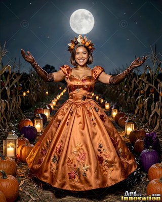 Smiling under the full moon, a woman poses in a copper gown in a cornfield