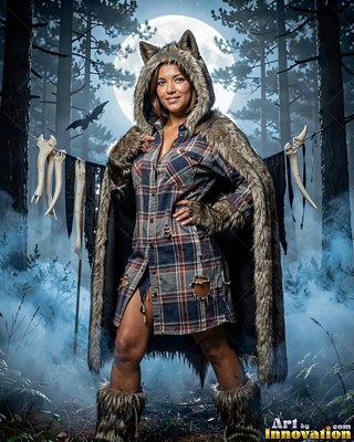 Woman dressed as a werewolf in a plaid shirt under a full moon