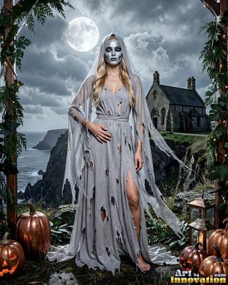 Tattered gray gown on a woman posing near cliffside pumpkins under a full moon