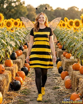 Walking forward through a sunflower patch, a woman in a bee costume smiles