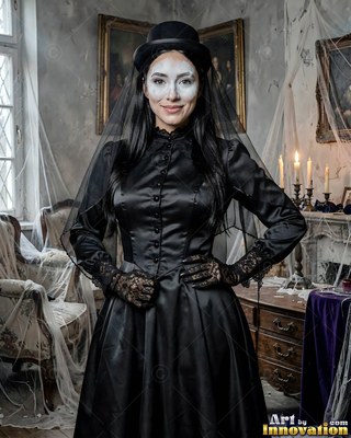 In a dusty room, a smiling woman wears a black dress, a bowler hat, and a veil