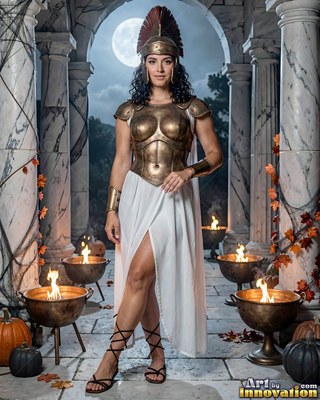 Standing by fire bowls, a woman wears bronze armor, a white skirt, and a helmet