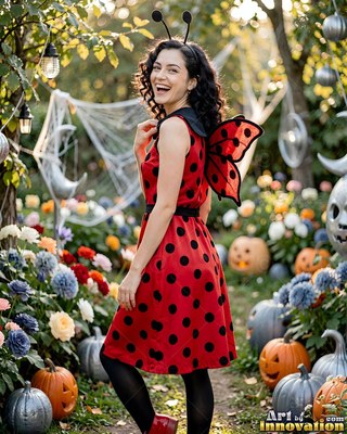 Woman in a red ladybug costume smiles in a pumpkin garden
