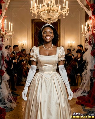 Wearing a satin gown, a smiling woman strikes a pose in a ballroom with a chandelier