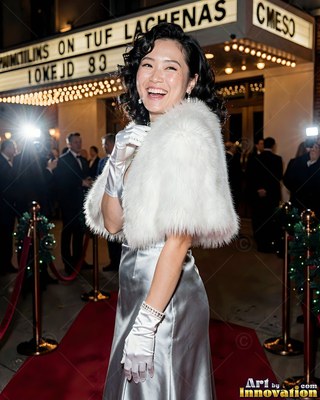 Outside a theater, a laughing woman stands in a silver dress and white fur shawl