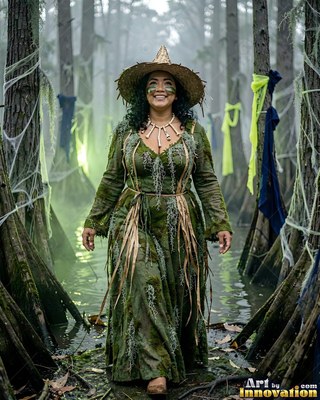 Wading through misty swamp water, a woman smiling wears a mossy green dress and straw hat