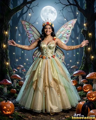 Woman in a winged fairy gown smiling in a night forest