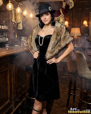 Standing in a smoky bar, a woman strikes a pose in a black dress, bowler hat, and fur shawl