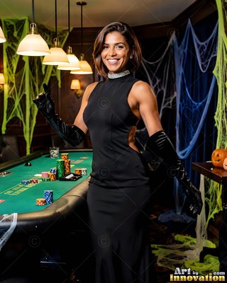 Standing by a blackjack table, a smiling woman wears a black gown and gloves