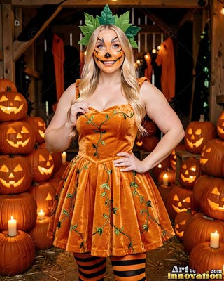 A grinning woman in an orange pumpkin dress stands by carved jack-o-lanterns