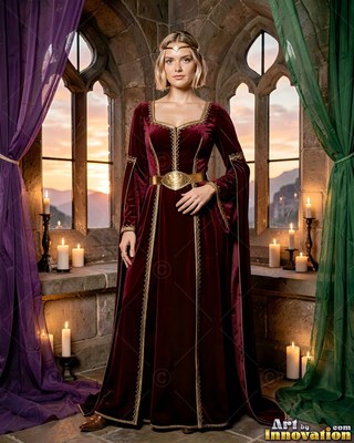 In a stone castle window, a woman stands in a long velvet maroon dress with a gold belt