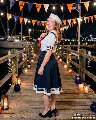 Smiling on a dock, a woman is dressed in a vintage sailor costume with a dark blue skirt