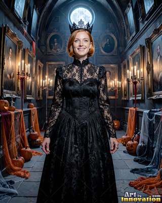 A happy woman in a black lace dress and crown in a dark hall