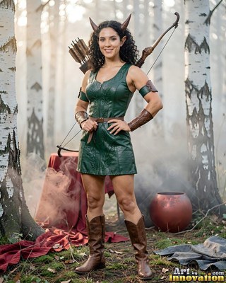 A woman in a green leather dress stands with a bow in soft woods light