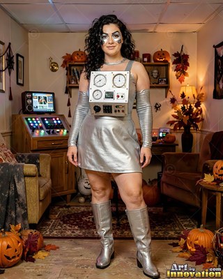Standing in a living room, a woman wears a silver robot costume with boots