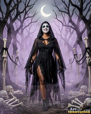In a spooky bone yard under a crescent moon, a woman smiling walks in a black dress