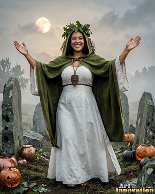 Raising her arms, a smiling woman in a green cape and white dress stands in a graveyard