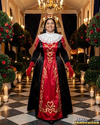 Facing forward in a hallway, a woman is dressed in a red and black heart gown