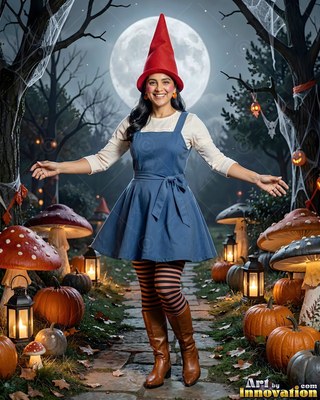A smiling woman in a tall red hat and blue dress stands by pumpkins under the moon