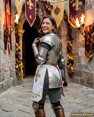 Woman in steel knight armor smiles outside a stone castle doorway