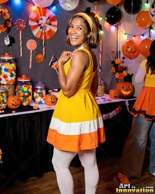 At a candy-filled party, a happy woman turns in a candy corn dress