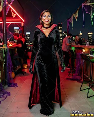 Smiling on a rooftop, a woman is dressed in a long black velvet vampire gown with a red collar