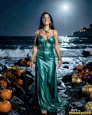 A happy woman in a green satin gown stands on a moonlit beach by pumpkins