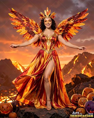 On a rocky hill, a grinning woman pauses in a firebird costume with feathered wings