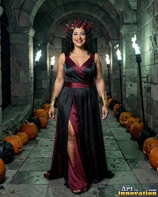 A woman stands smiling in a black and red dress, lit by torch fire along a stone hall