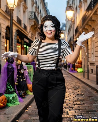 Arms wide on a cobbled street, a happy woman stands dressed as a mime