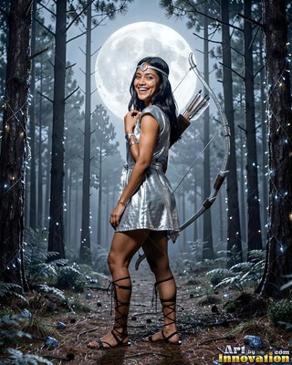 Smiling with a bow, a woman in a silver dress stands in a forest under a full moon